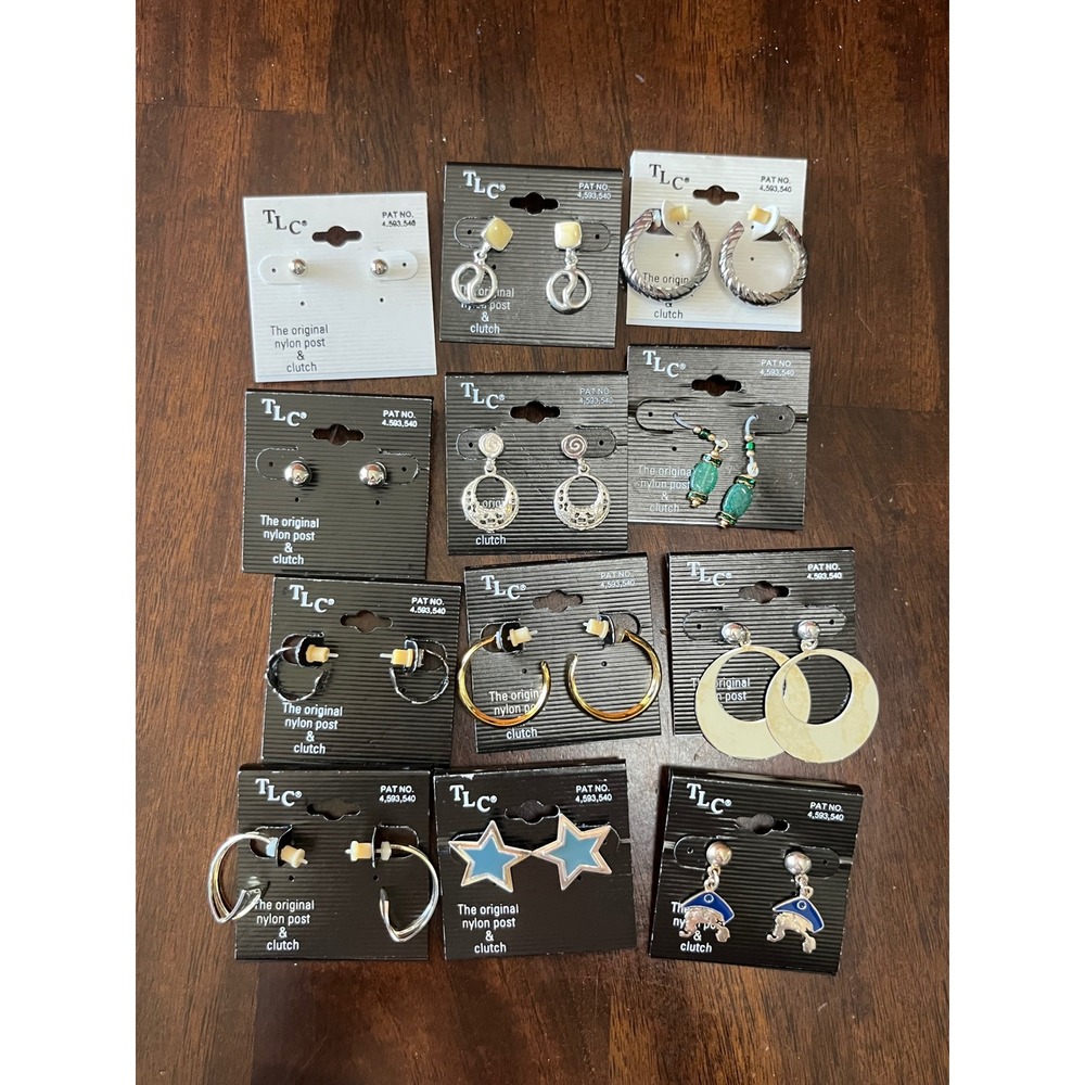 TLC Sensitive Ears Earring 12 Pairs Nylon Post Studs Hoops Dangles Mixed Style